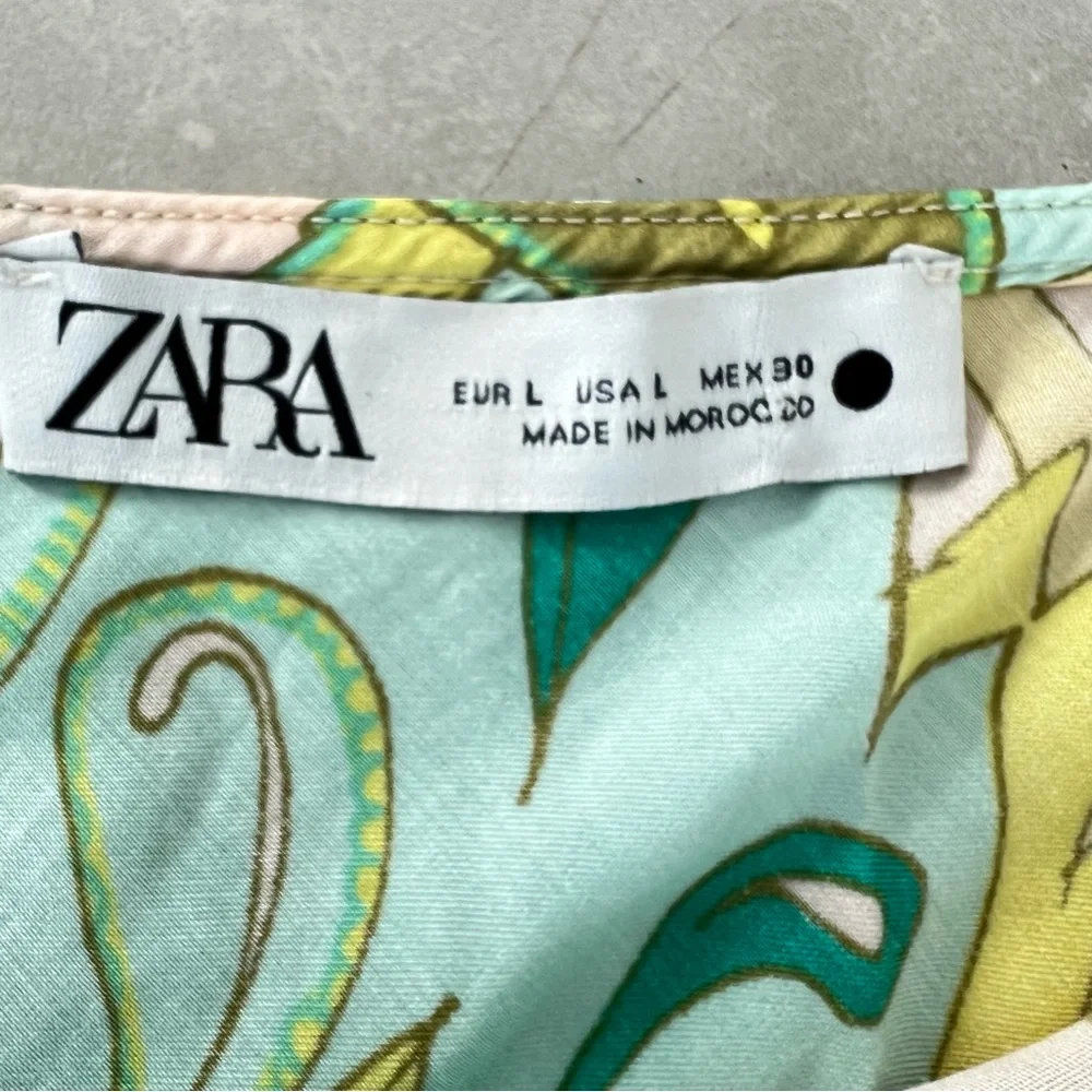 ZARA Sea Green Spring Multicolor 100% Viscose A Line Side Zip Midi Skirt Sz L
